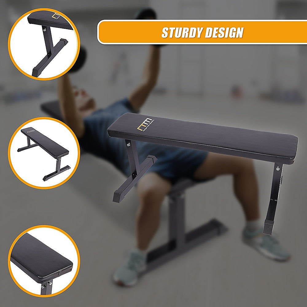Flat weight bench for home gym by Online Fitness Depot, ideal for strength training and exercise routines.