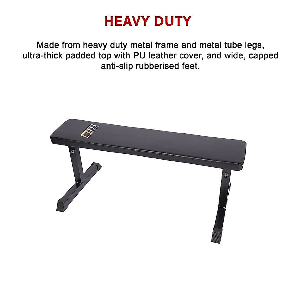 Flat weight bench for home gym workouts by Online Fitness Depot, sturdy exercise equipment for strength training and fitness.