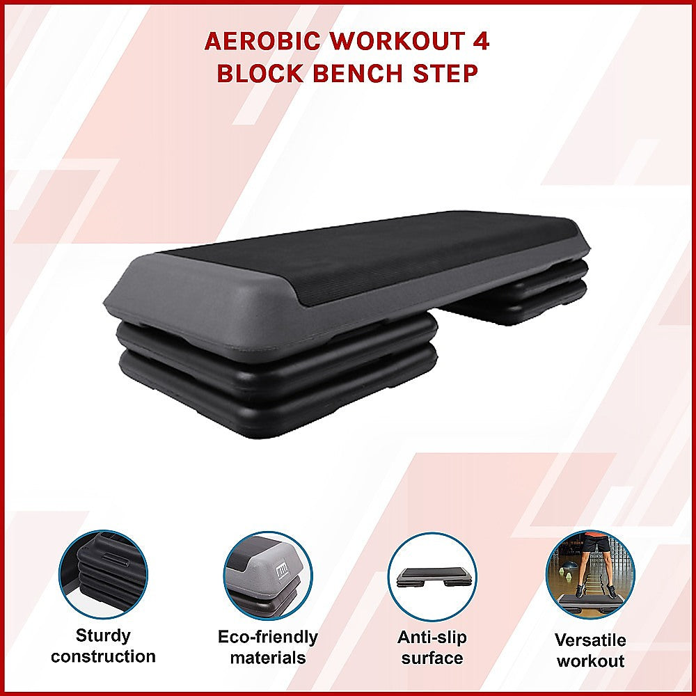 Online Fitness Depot aerobic workout 4-block bench step for exercise and gym routines, with four sturdy plastic steps stacked together.