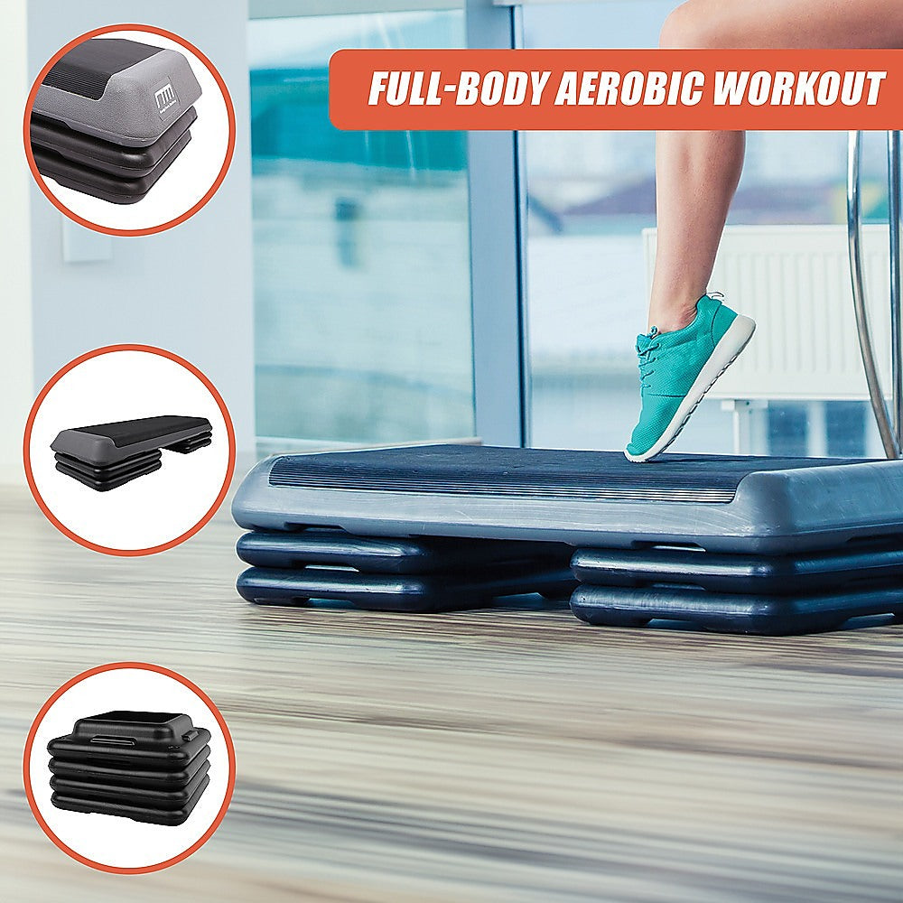 Online Fitness Depot aerobic workout 4-block bench step with adjustable height for exercise and fitness routines.