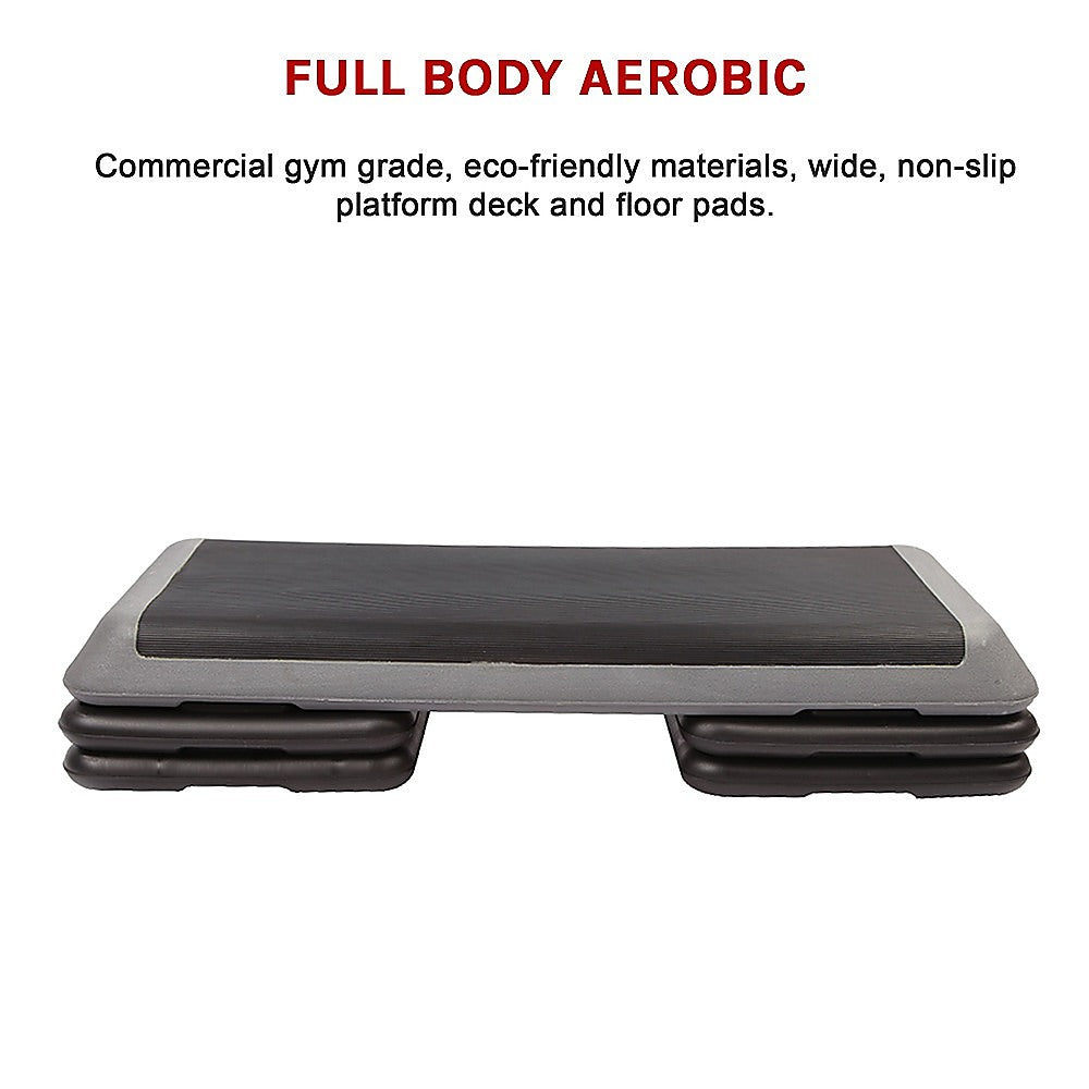 Online Fitness Depot aerobic workout 4-block bench step for exercise and gym routines, showing sturdy plastic construction and non-slip surface.