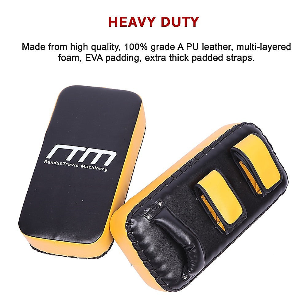 Thai kickboxing pads from Online Fitness Depot, showing a pair of black and red boxing shield pads for martial arts training.