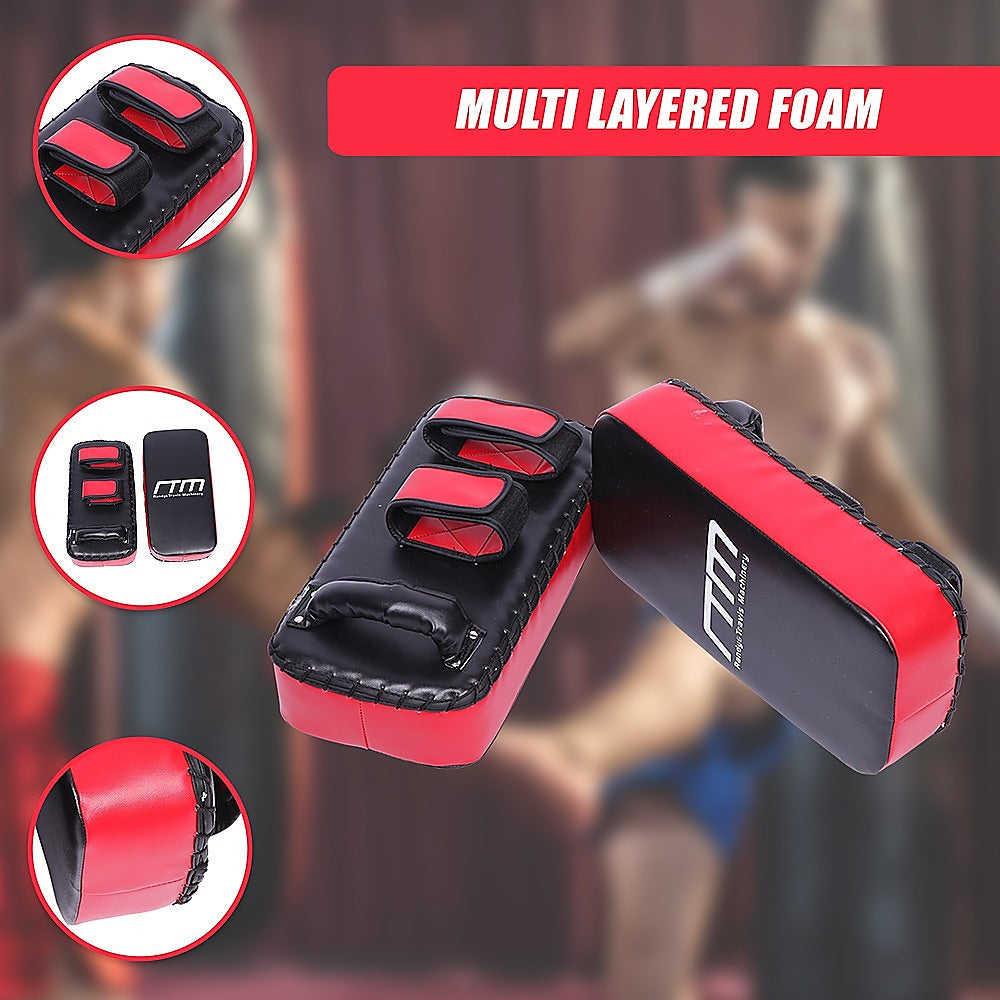 Thai pads for kickboxing and boxing training, black and red punching shield from Online Fitness Depot, displaying padded surface and handles.