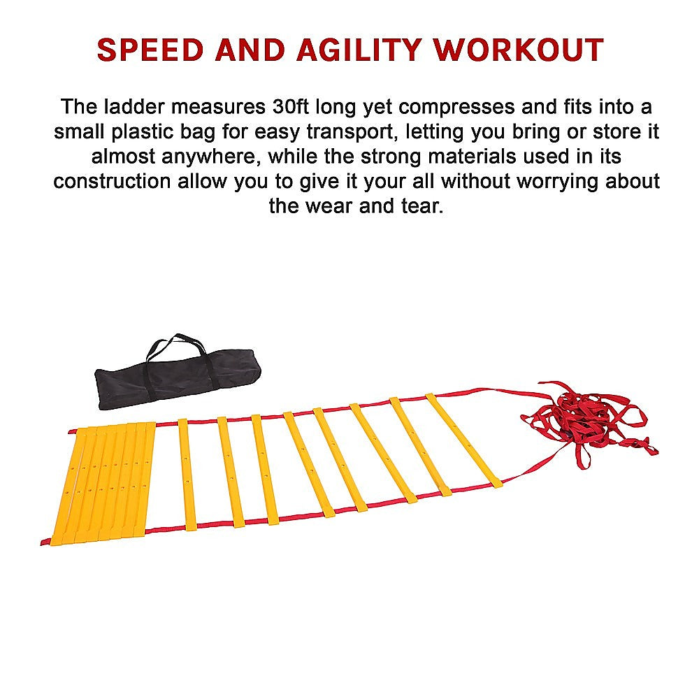 9-meter agility speed training ladder from Online Fitness Depot, shown laid out on gym floor for agility drills.