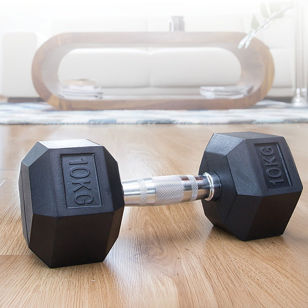 10KG commercial rubber hex dumbbell from Online Fitness Depot, used for weightlifting and strength training in gym settings.