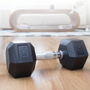 10KG commercial rubber hex dumbbell from Online Fitness Depot, used for weightlifting and strength training in gym settings.