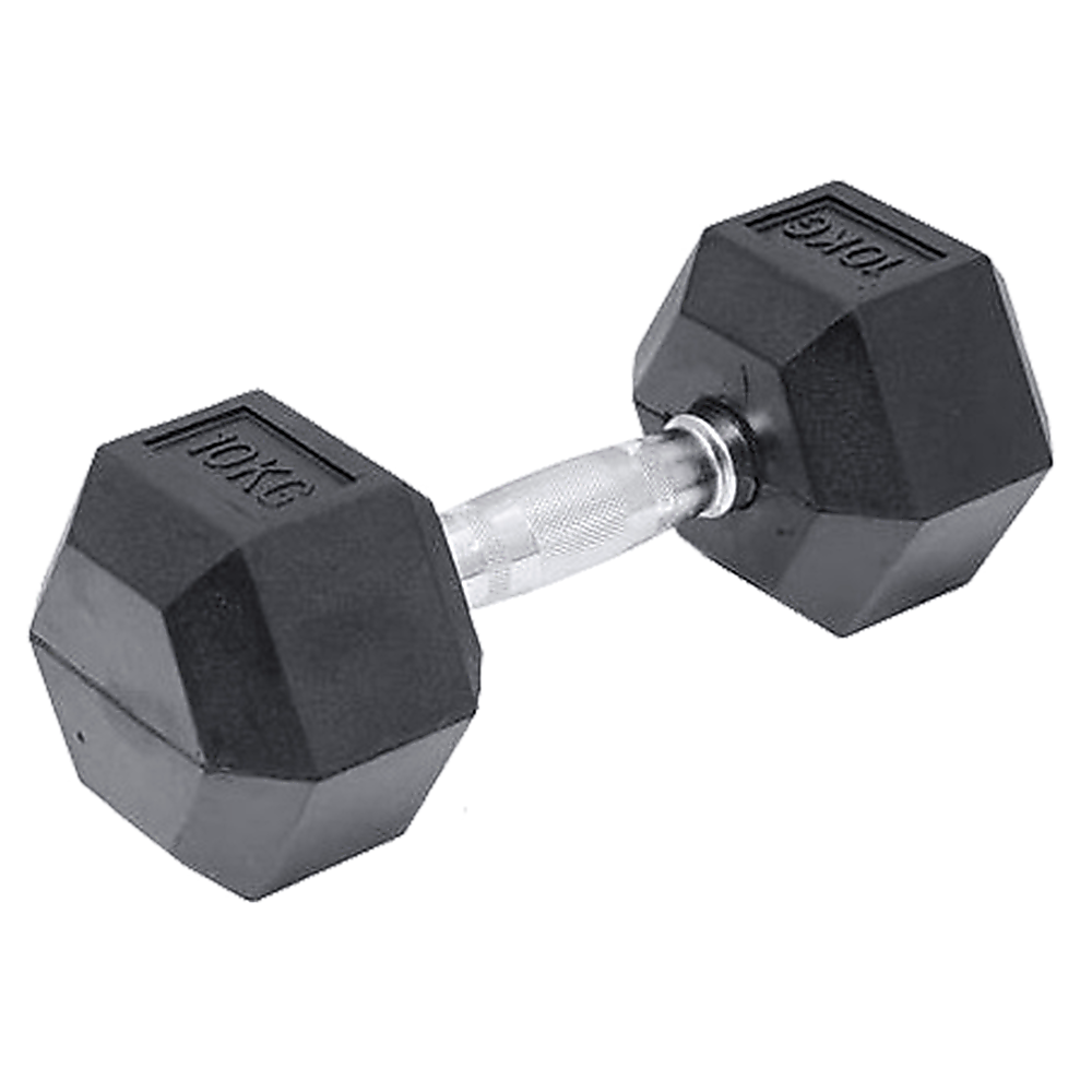 10kg black rubber hex dumbbell from Online Fitness Depot, ideal for gym weightlifting and strength training exercises.