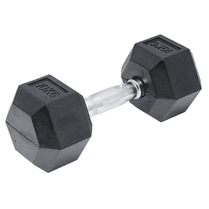 10kg black rubber hex dumbbell from Online Fitness Depot, ideal for gym weightlifting and strength training exercises.