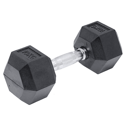 10kg black rubber hex dumbbell from Online Fitness Depot, ideal for gym weightlifting and strength training exercises.