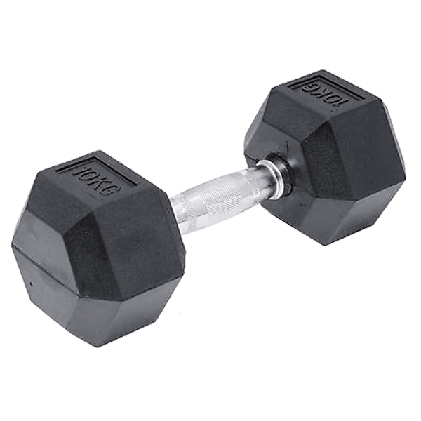 10kg black rubber hex dumbbell from Online Fitness Depot, ideal for gym weightlifting and strength training exercises.