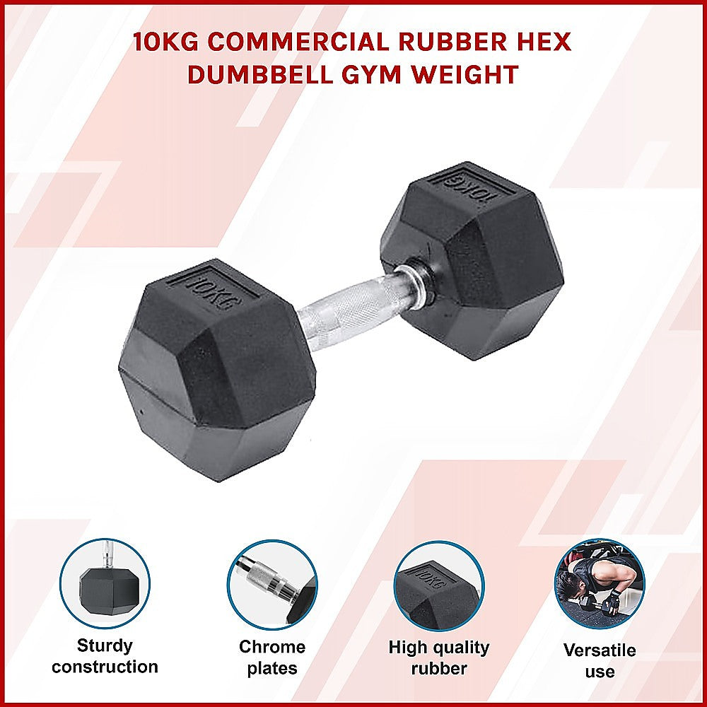 10kg black rubber hex dumbbell from Online Fitness Depot, ideal for gym weightlifting and strength training exercises.