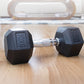 10kg black rubber hex dumbbell from Online Fitness Depot, ideal for gym weightlifting and strength training exercises.