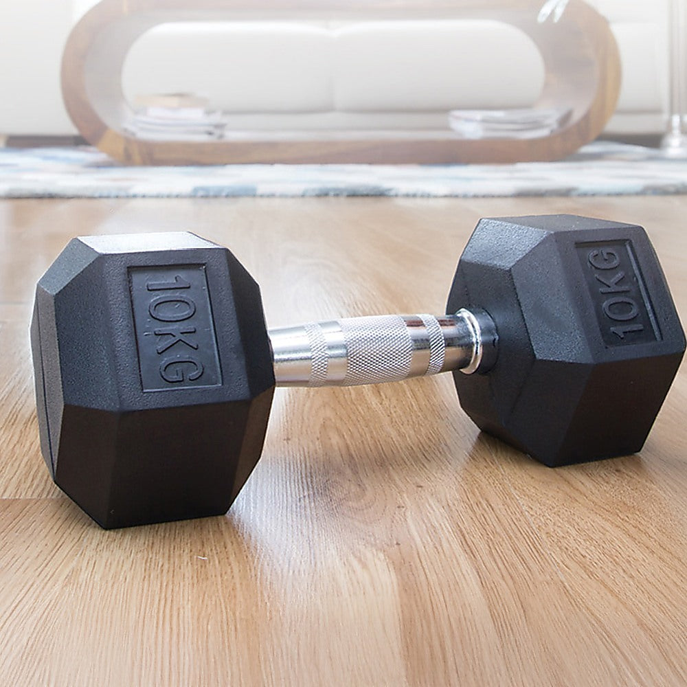 10kg black rubber hex dumbbell from Online Fitness Depot, ideal for gym weightlifting and strength training exercises.