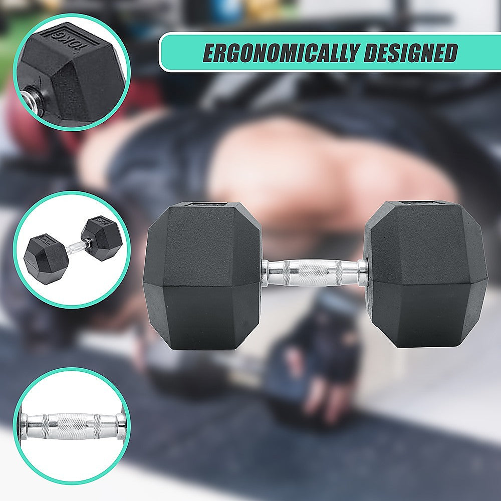 10kg rubber hex dumbbell from Online Fitness Depot, suitable for weightlifting and gym workouts, showing the textured grip and hex shape.