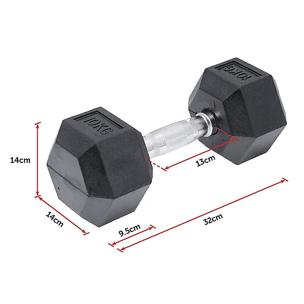10kg commercial rubber hex dumbbell from Online Fitness Depot, suitable for gym weightlifting and strength training exercises.