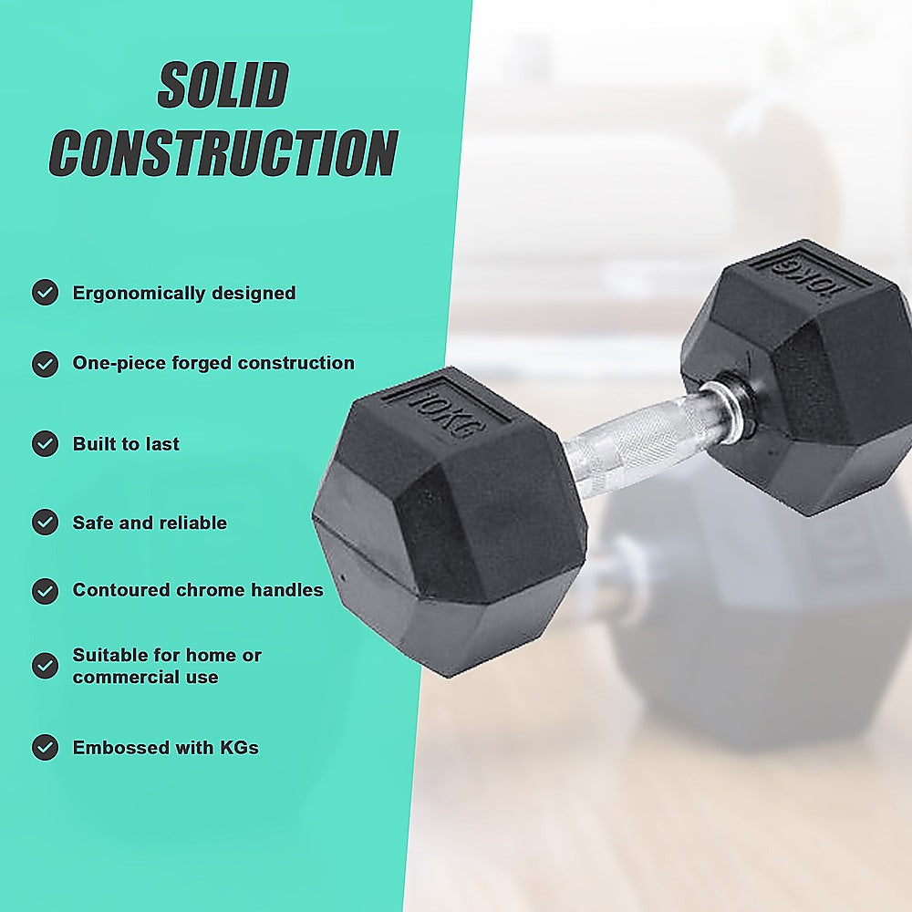 10kg commercial rubber hex dumbbell from Online Fitness Depot, heavy gym weight for strength training and weightlifting.