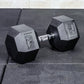 25kg Commercial Rubber Hex Dumbbell from Online Fitness Depot, black weight with textured grip for gym weightlifting exercises.