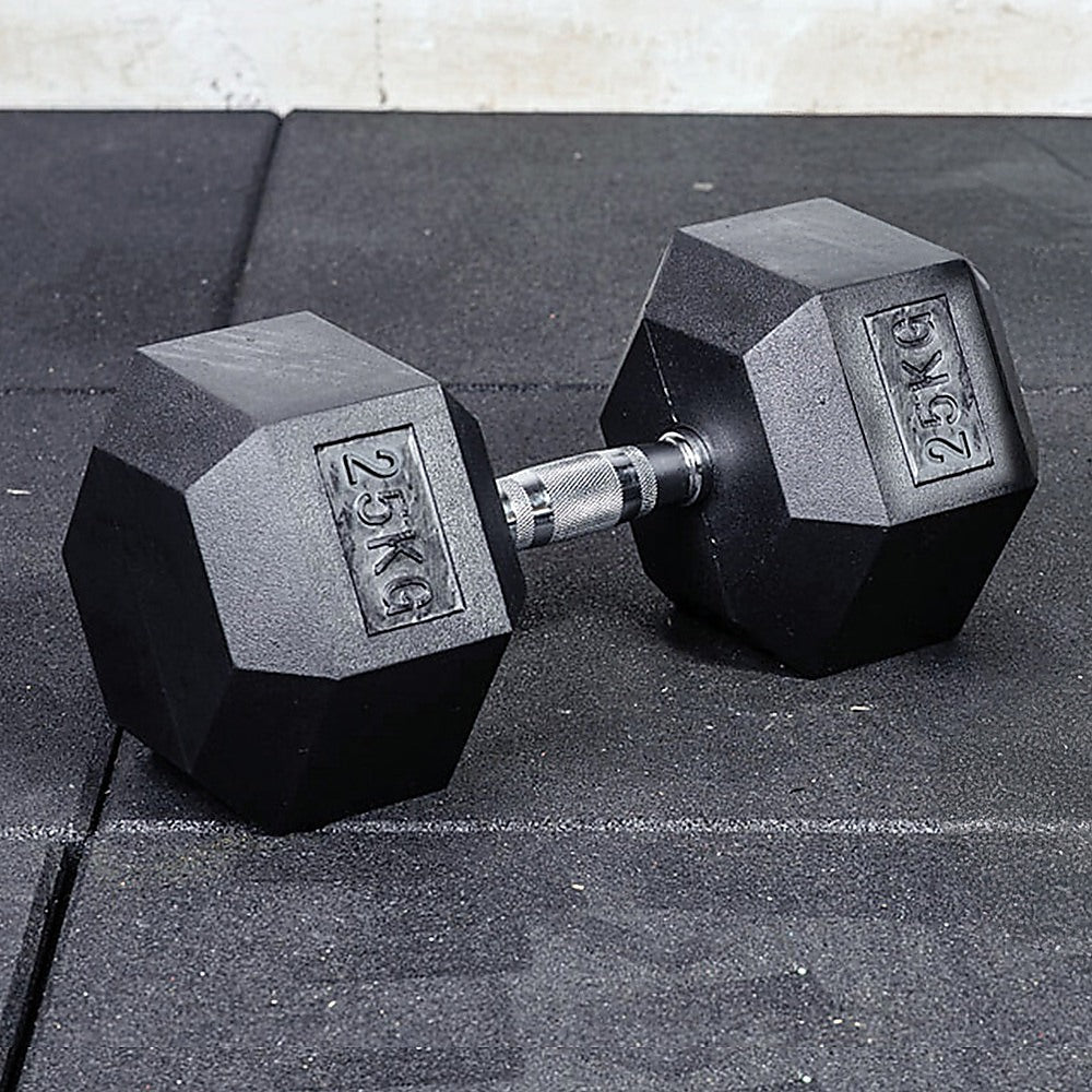 25kg Commercial Rubber Hex Dumbbell from Online Fitness Depot, black weight with textured grip for gym weightlifting exercises.