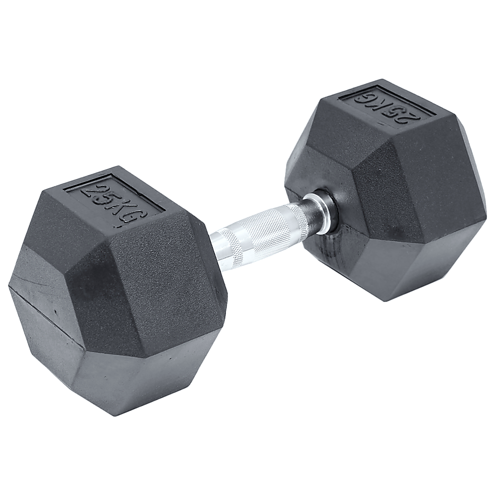 25kg black rubber hex dumbbell from Online Fitness Depot, ideal for gym weightlifting and strength training exercises.