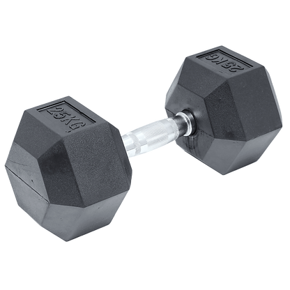 25kg black rubber hex dumbbell from Online Fitness Depot, ideal for gym weightlifting and strength training exercises.