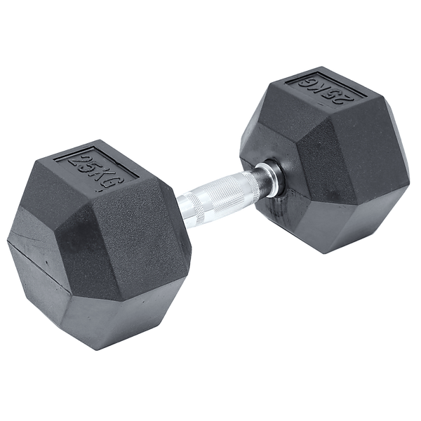 25kg black rubber hex dumbbell from Online Fitness Depot, ideal for gym weightlifting and strength training exercises.