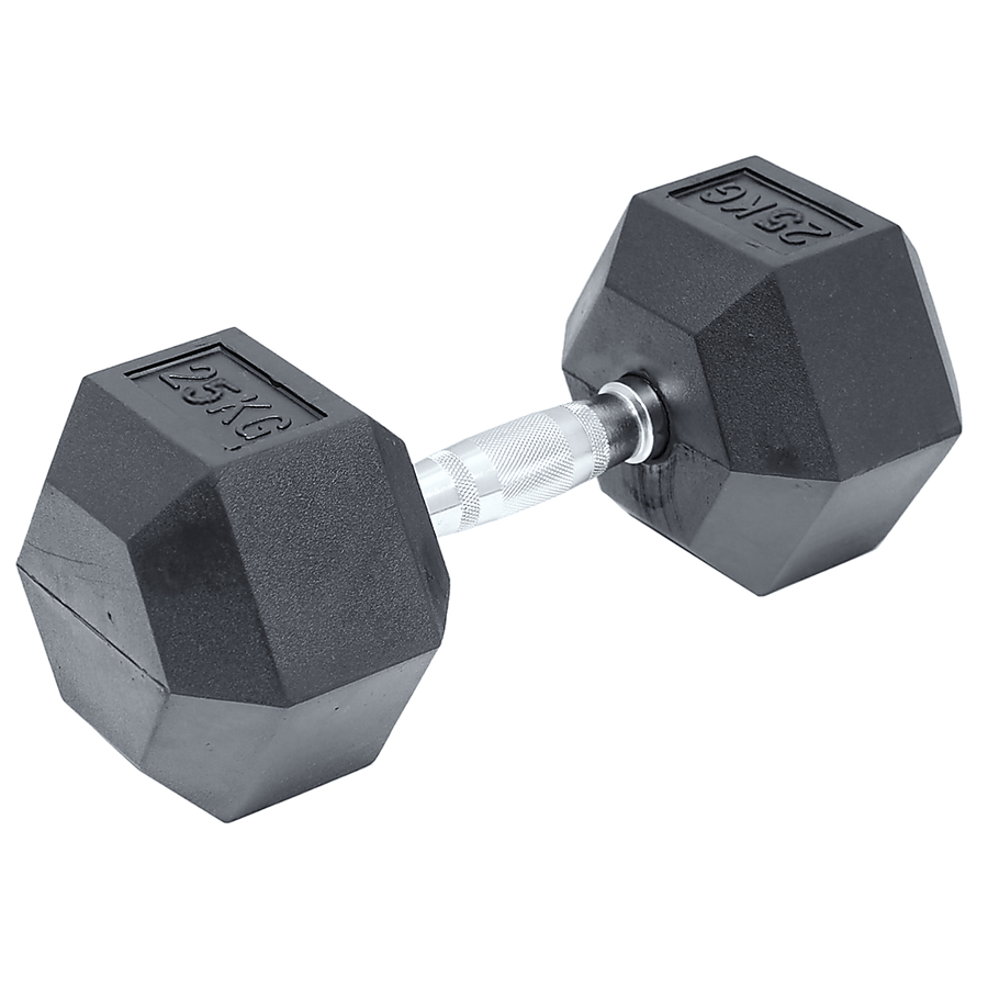 25kg black rubber hex dumbbell from Online Fitness Depot, ideal for gym weightlifting and strength training exercises.