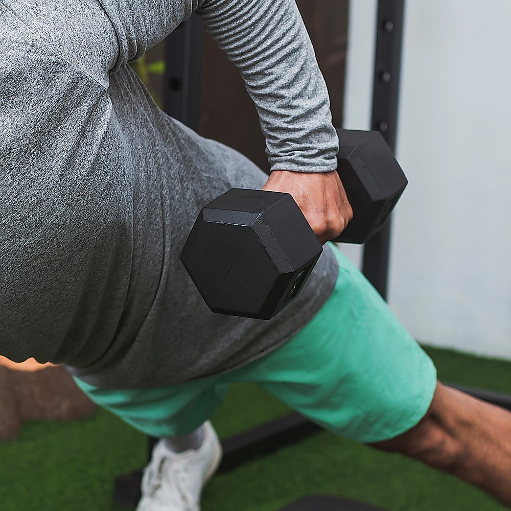 25kg black rubber hex dumbbell from Online Fitness Depot, heavy gym weight for strength training and weightlifting workouts.