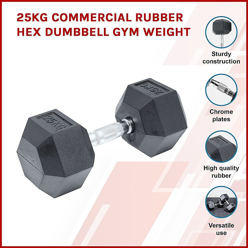 25kg black rubber hex dumbbell from Online Fitness Depot, ideal for gym weightlifting and strength training exercises.