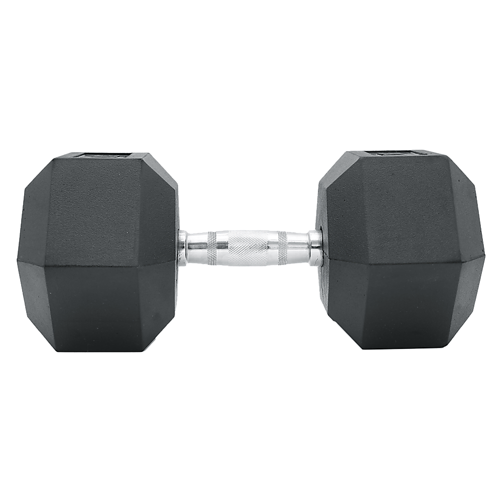 25kg commercial rubber hex dumbbell from Online Fitness Depot with a textured grip and durable rubber coating for weightlifting.