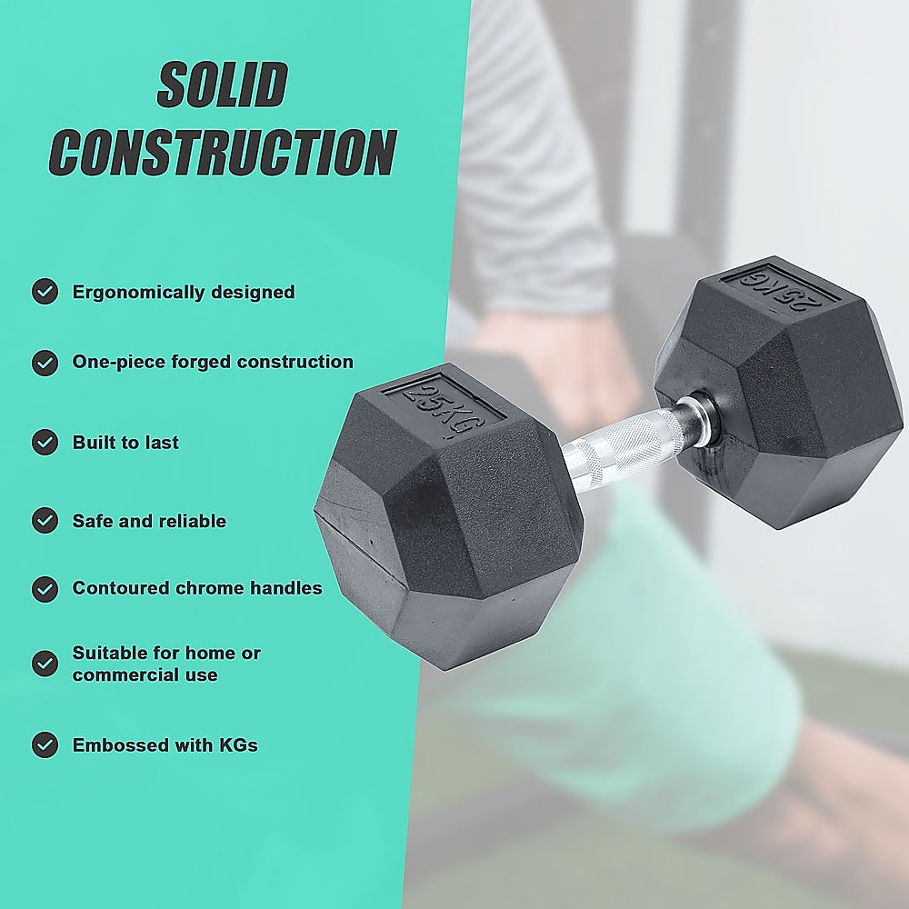 25kg black rubber hex dumbbell from Online Fitness Depot, ideal for gym weightlifting and strength training workouts.