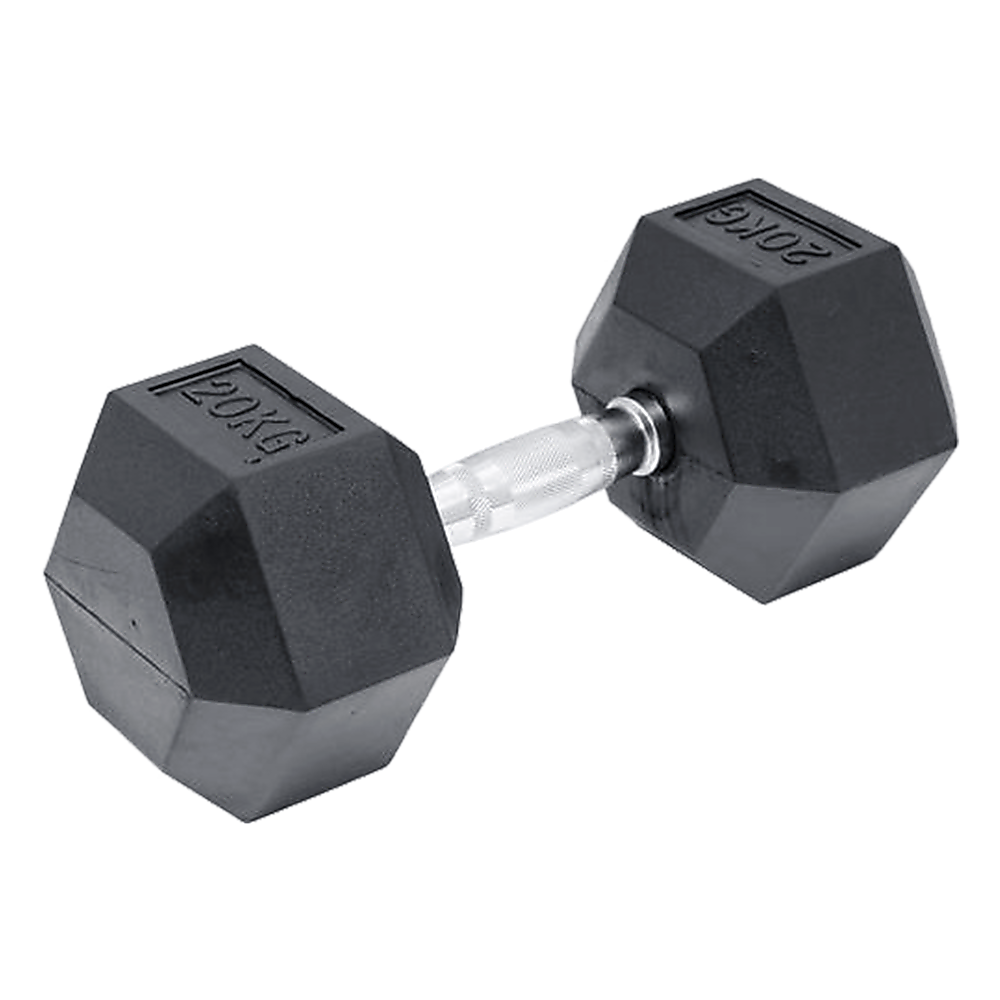 20kg black rubber hex dumbbell from Online Fitness Depot, suitable for gym weightlifting and strength training.