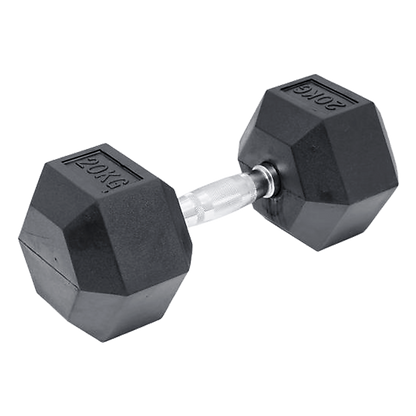 20kg black rubber hex dumbbell from Online Fitness Depot, suitable for gym weightlifting and strength training.
