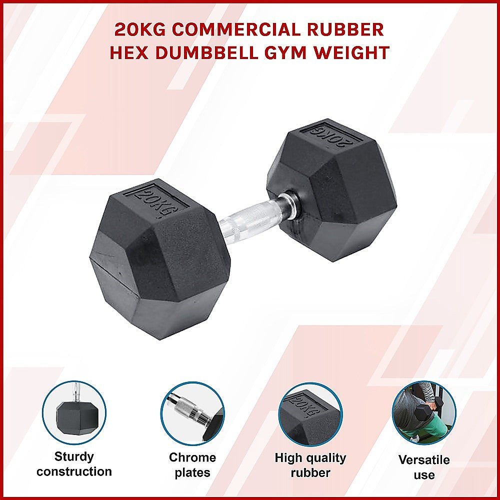 20kg commercial rubber hex dumbbell from Online Fitness Depot, gym weight for strength training and weightlifting exercises.