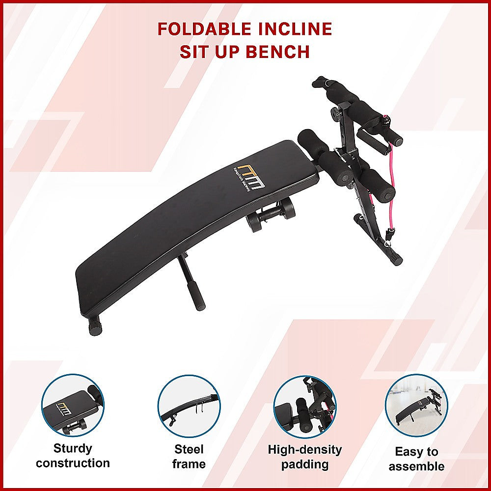 Foldable incline sit-up bench from Online Fitness Depot with padded surface for core workouts in home gym.