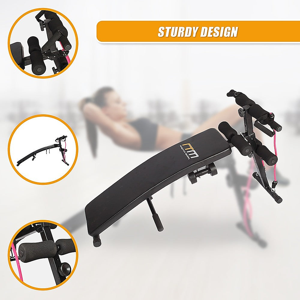 Foldable incline sit-up bench for home gym, featuring padded surface and adjustable angles for abdominal workout training.