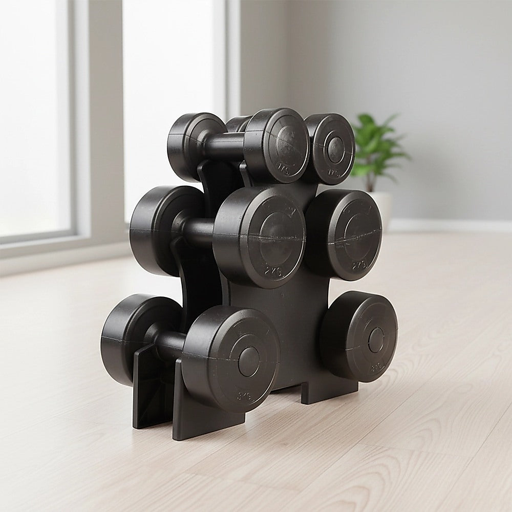 12kg dumbbell weights set with rack for home gym training, featuring black cast iron dumbbells and sturdy storage rack.