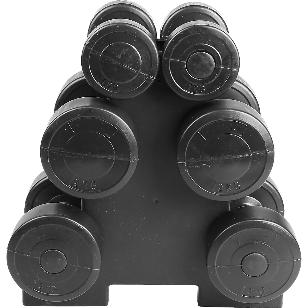 12kg dumbbell weights set with rack for home gym training, featuring black dumbbells and sturdy storage rack.