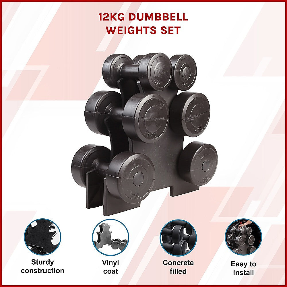 Online Fitness Depot 12kg dumbbell weights set with rack for home gym training and strength exercises.