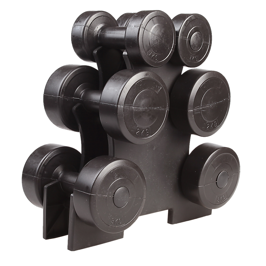 12kg dumbbell weights set with rack from Online Fitness Depot, ideal for home gym strength training and weightlifting exercises.