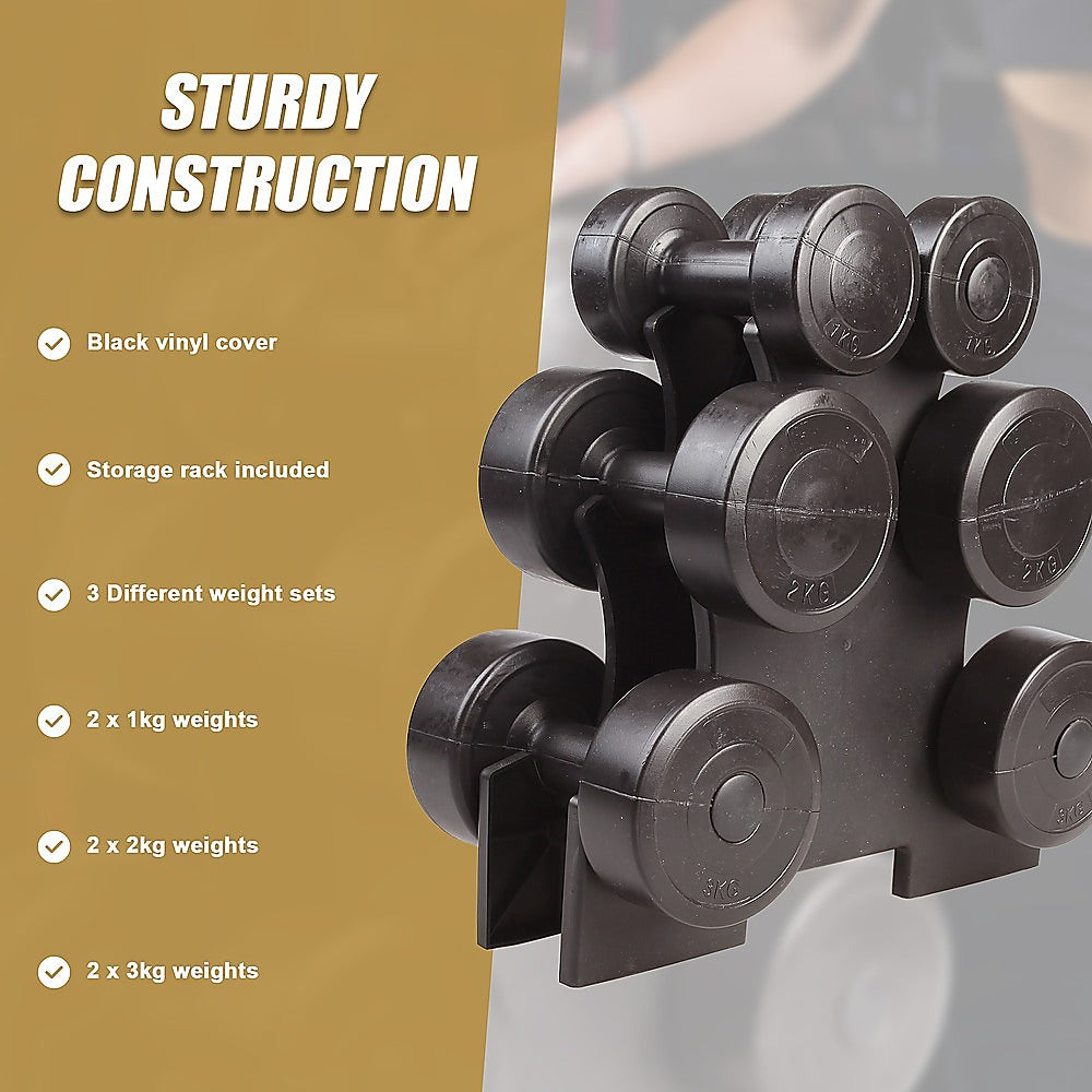 12kg dumbbell weights set with rack from Online Fitness Depot, ideal for home gym strength training and weightlifting workouts.