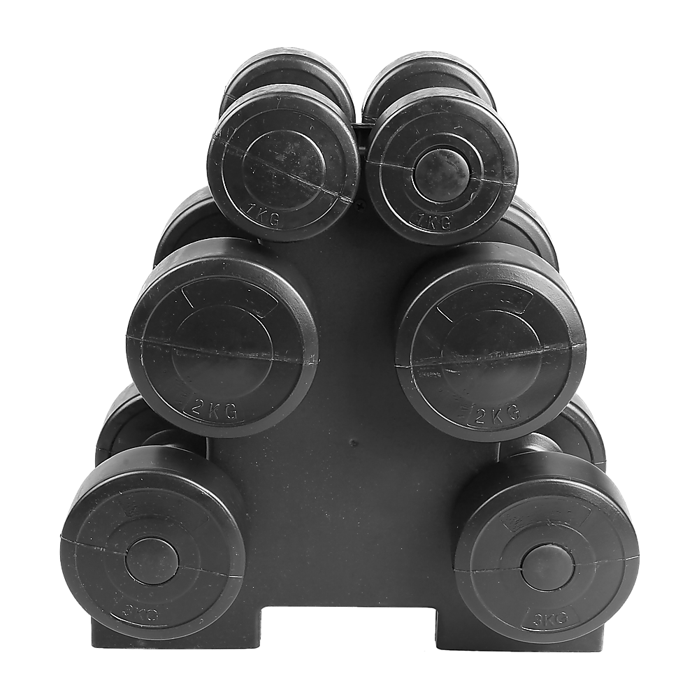 12kg dumbbell weights set with rack for home gym training, featuring black cast iron dumbbells and sturdy storage rack.