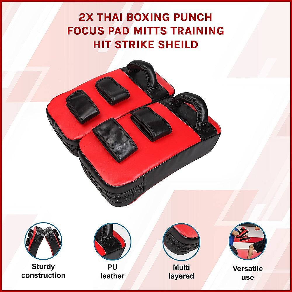 Pair of Thai boxing punch focus pad mitts from Online Fitness Depot, designed for martial arts training and striking practice.