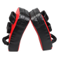 Pair of Thai boxing focus pad mitts for training strikes, with black and red design, used for martial arts fitness training.