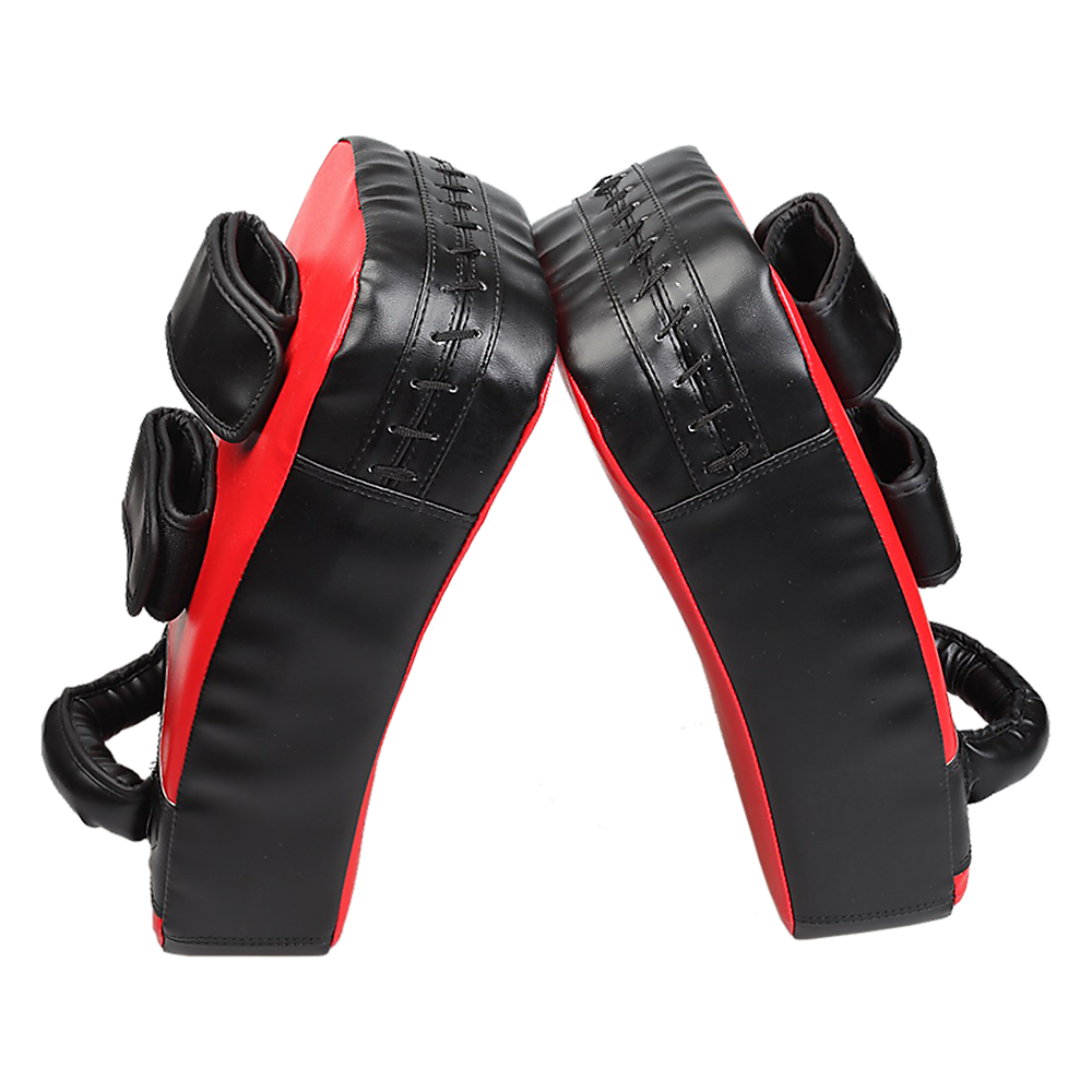Pair of Thai boxing focus pad mitts for training strikes, with black and red design, used for martial arts fitness training.