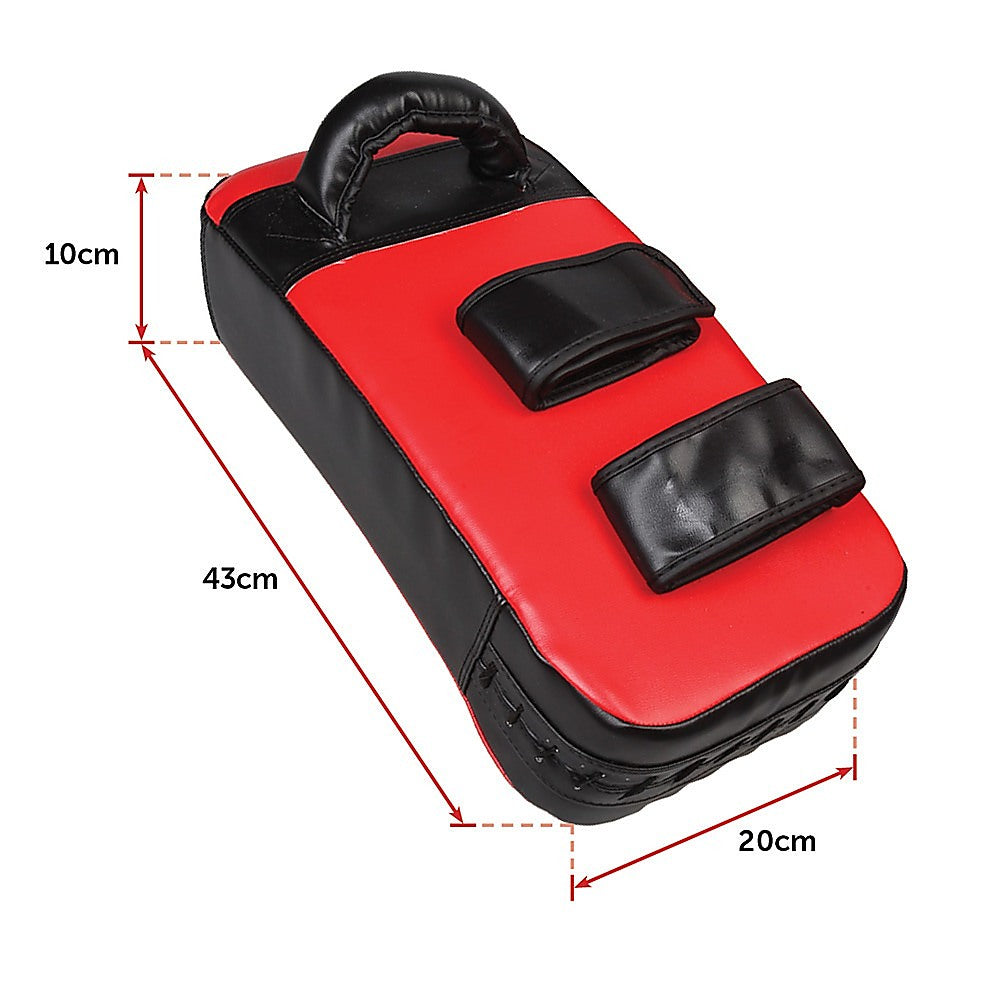 Pair of Thai boxing punch focus pad mitts for training, black and red, used for martial arts and boxing drills.