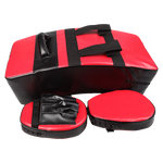 Kickboxing shield and punching pad combo for sparring training, featuring black and red padding for boxing and martial arts.