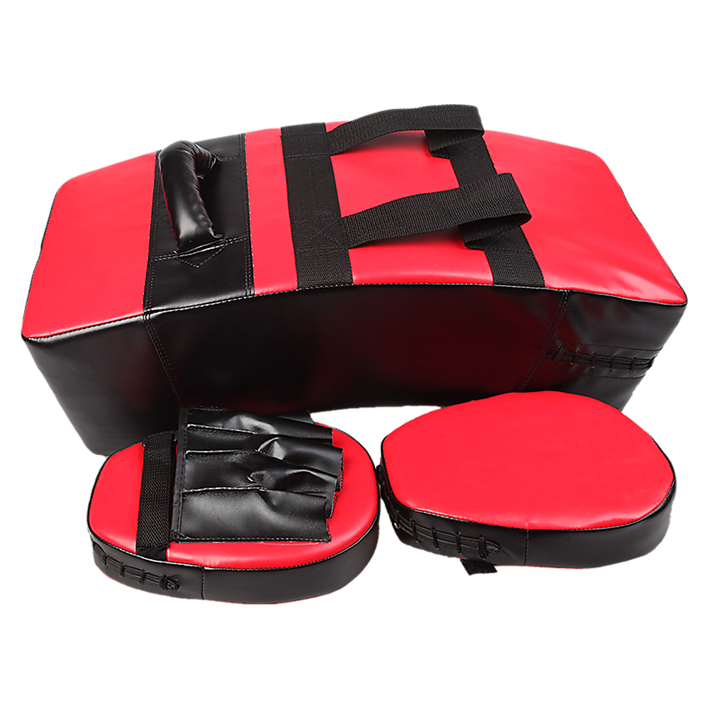 Kickboxing shield and punching pad combo for sparring training, featuring black and red padding for boxing and martial arts.
