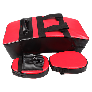 Kickboxing shield and punching pad combo for sparring training, featuring black and red padding for boxing and martial arts.