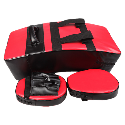 Kickboxing shield and punching pad combo for sparring training, featuring black and red padding for boxing and martial arts.