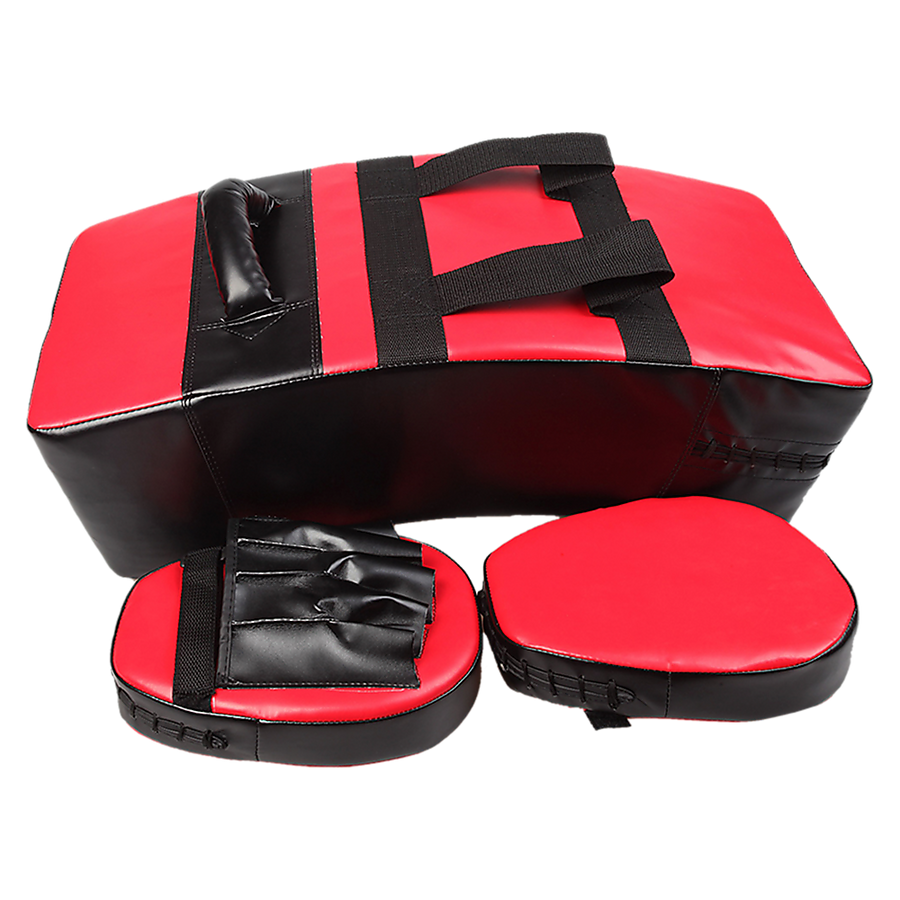 Kickboxing shield and punching pad combo for sparring training, featuring black and red padding for boxing and martial arts.